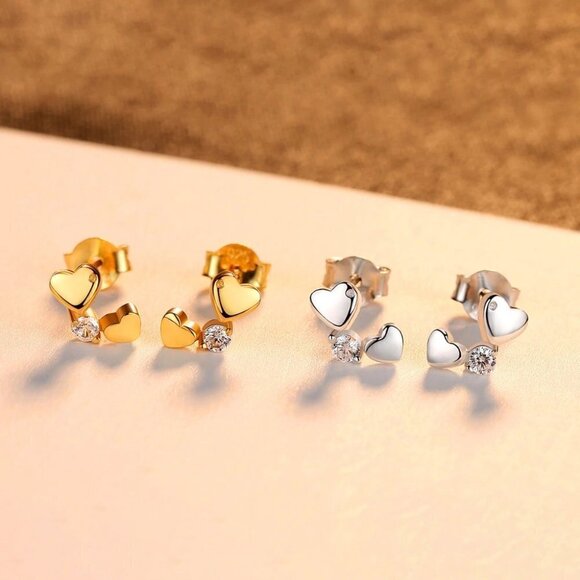 "Double Heart Dainty CZ 925 Sterling Silver Plated Earrings for Women, INDN8618 - Picture 2 of 3